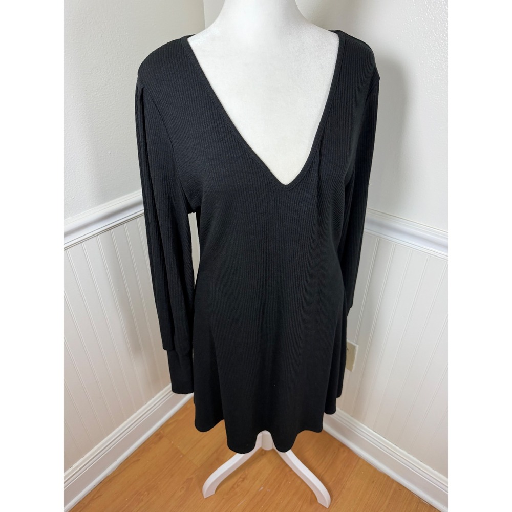Loveriche Mini Dress Women Large Black Ribbed V-Neck Long Sleeve Fit & Flare‎